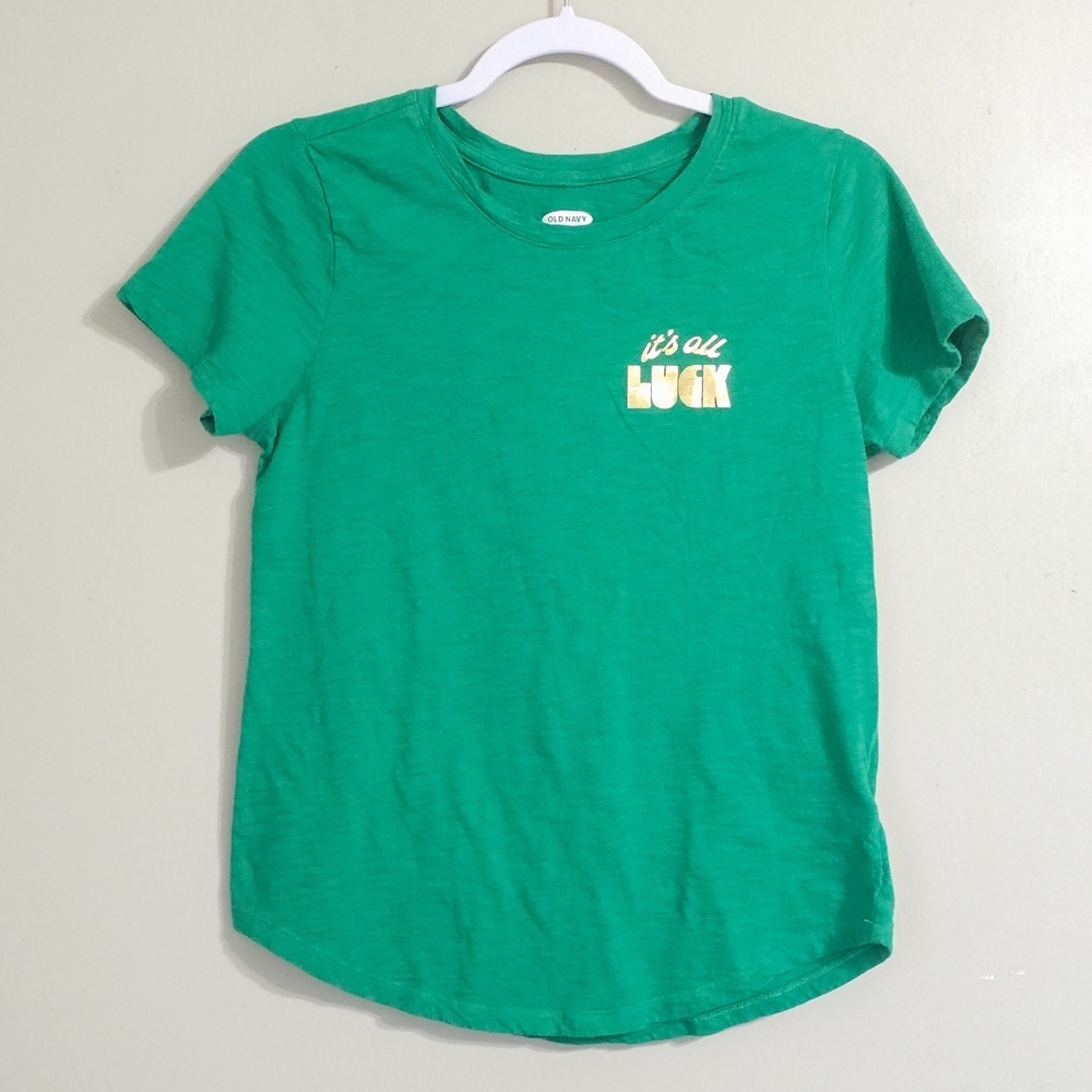 Old Navy Green Everywhere Tee with 'It's All Luck' Graphic, Size Small